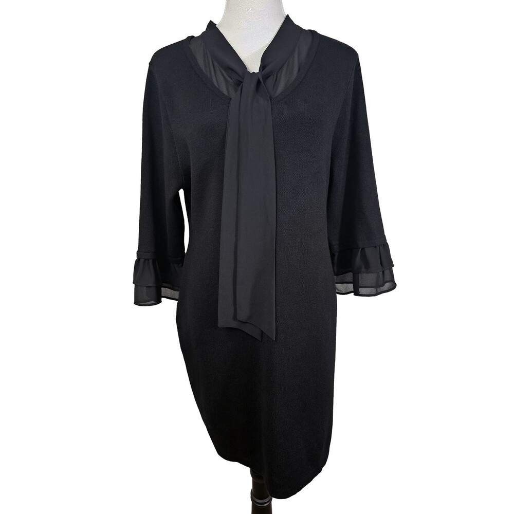 Hailey Lyn PXL Black Knit Sweater Sheath Mini Dress Retro Bow Neck Tie
